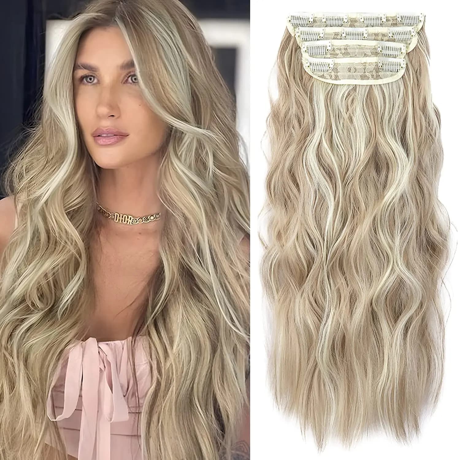 Clip ondulata lunga nelle estensioni dei capelli Sintetico 4 pezzi / set per le donne Resistente al calore Nero Marrone Evidenzia clip ondulata lunga nel pezzo di capelli