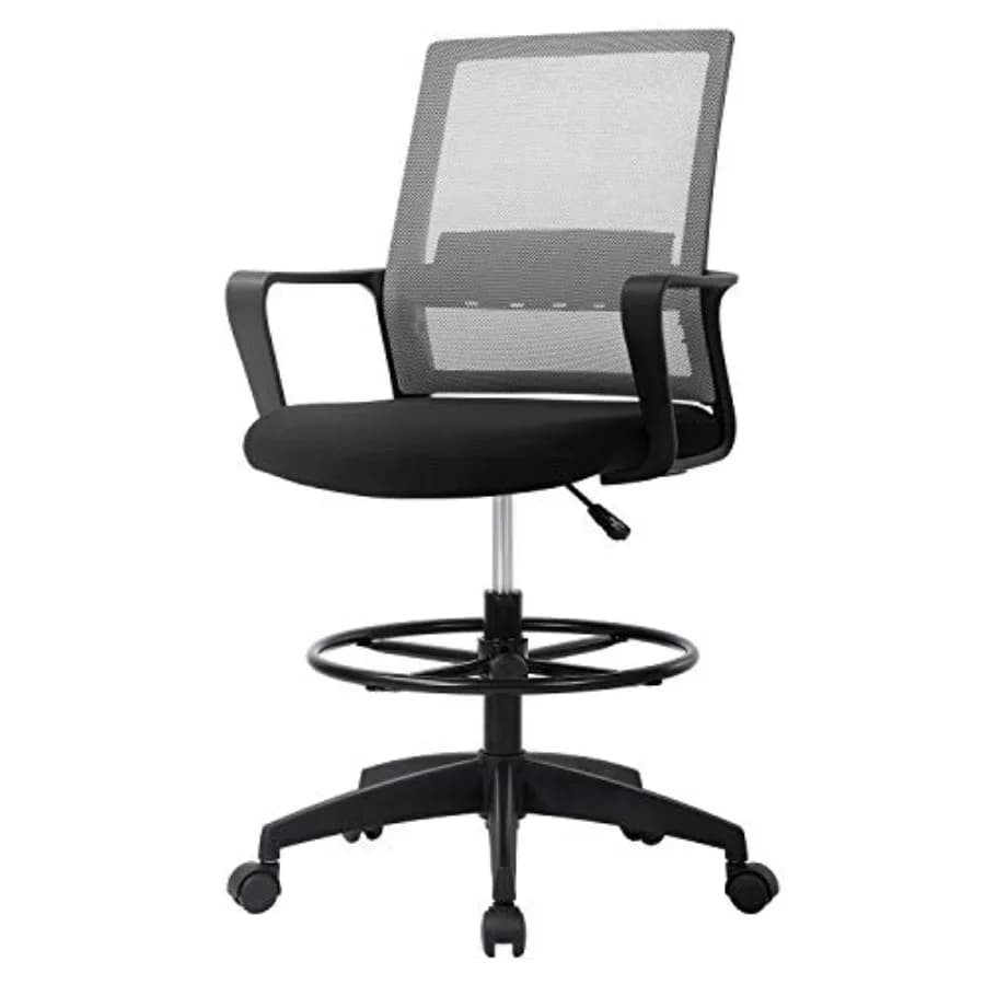 Sedia da Disegno Ergonomica Alta con Schienale Medio in Rete, Sedia da Ufficio con Anello Poggiapiedi Regolabile per Computer e Postazione di Lavoro in Piedi