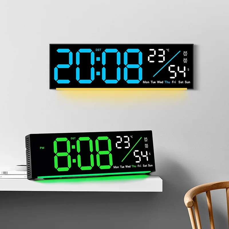 Digital Wall Clock with Large LED Screen, Temperature Display, RGB Ambient Light, Electronic Alarm Clock, Creative Home Decoration