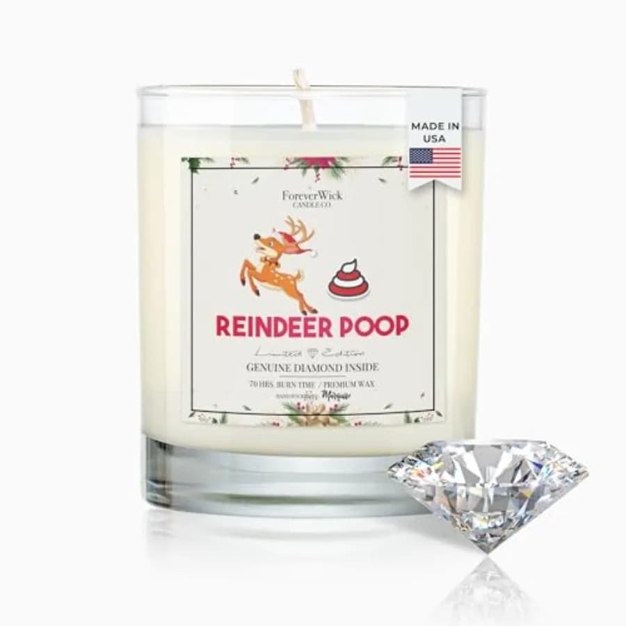 Candela Divertente a Forma di Diamante con Feci di Renna ForeverWick, Regalo di Natale per Donne, Colleghi, Amici, Realizzata a Mano con Soia Naturale