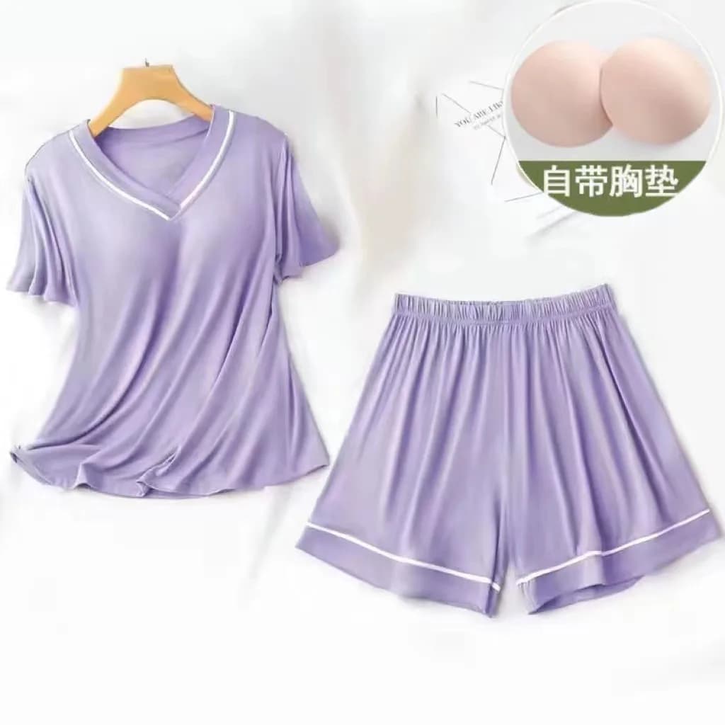 Women's V-neck Short-sleeve and Shorts Pajamas Homewear with Built-in Bra Ladies Homewear Girls Student Solid Color Pajama Set