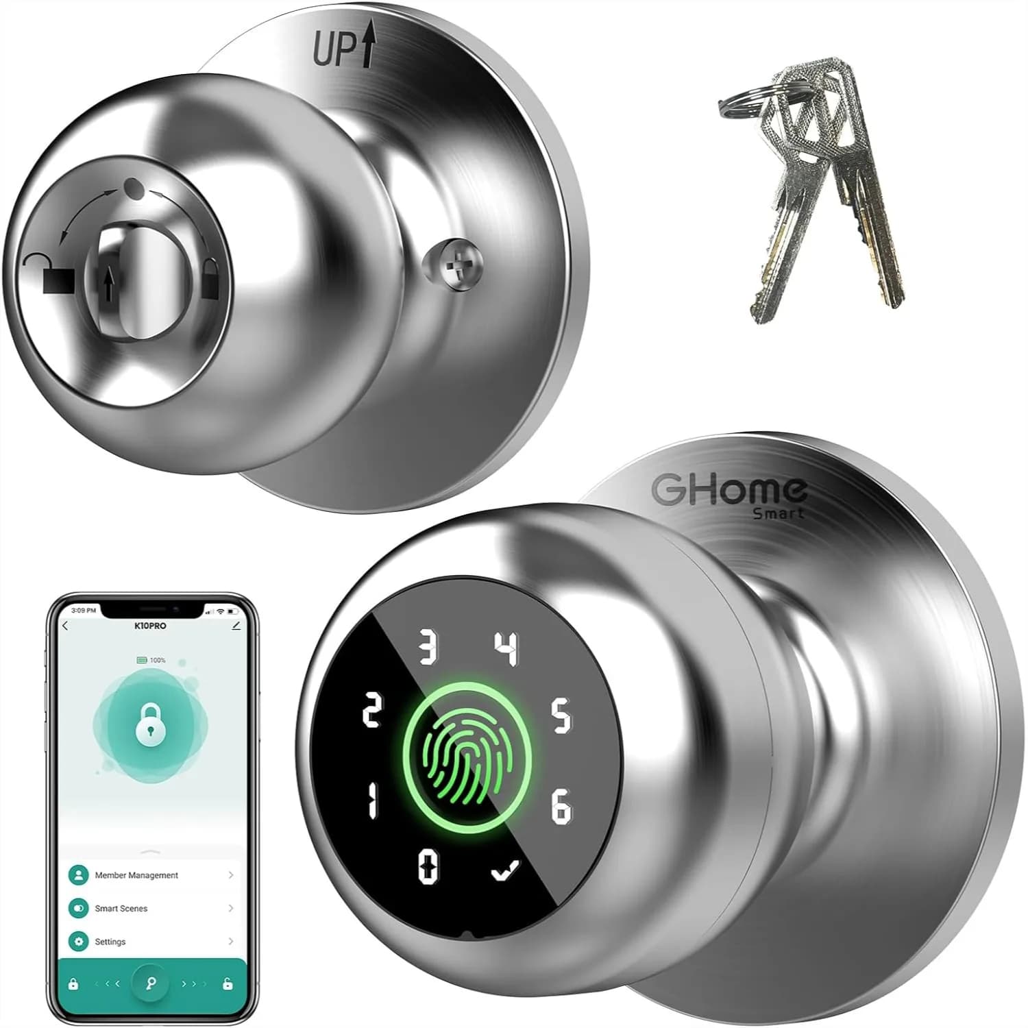 Serratura Intelligente con Impronta Digitale, Maniglia Porta 4 in 1 Senza Chiave con Tastierino, Controllo App, Chiusura Automatica per Camera da Letto, Appartamento, Garage