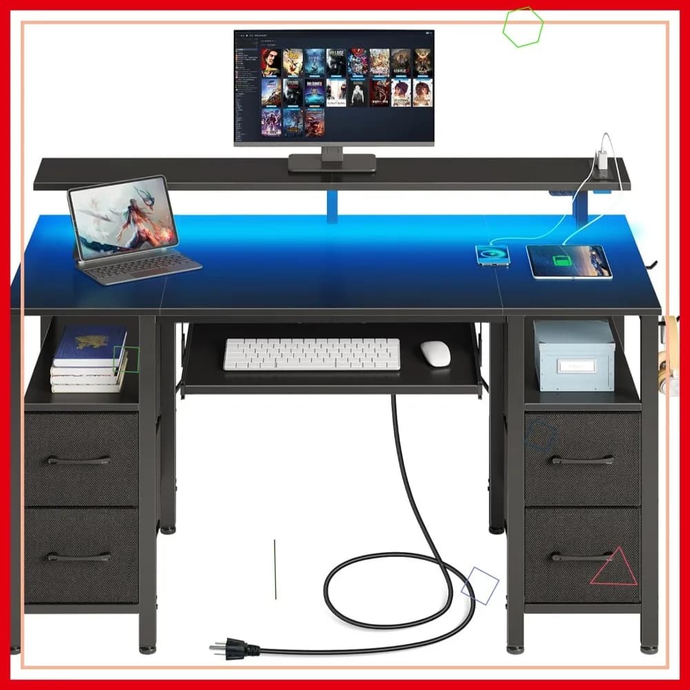 Desktop for Computer LED from 47.2 Inches with Current Grips, 4 Drawers, Tray for Keyboard and Support for Monitor for Home Office, Black
