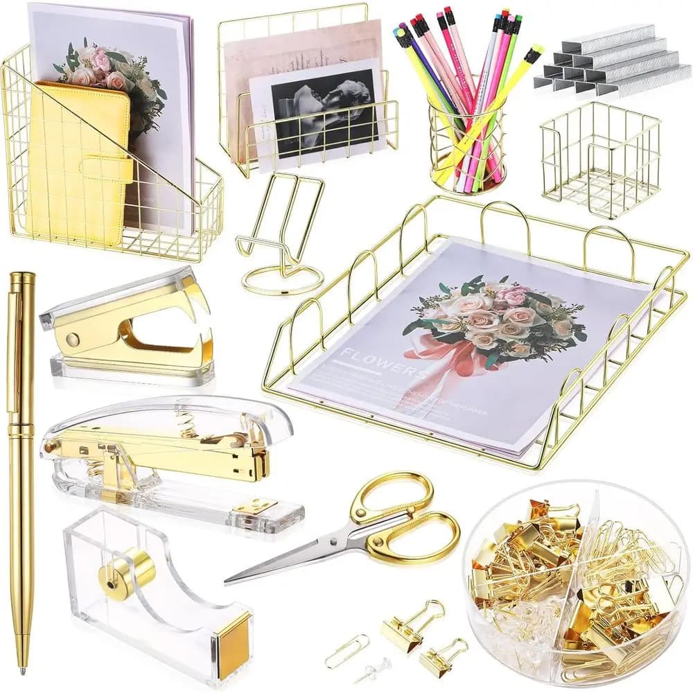 Set Organizzatore da Scrivania in Acrilico con 13 Pezzi: Graffettatrice, Dischiusatore di Graffette, Porta Nastro Adesivo, Porta Penne, Portariviste, Fermacarte e Forbici