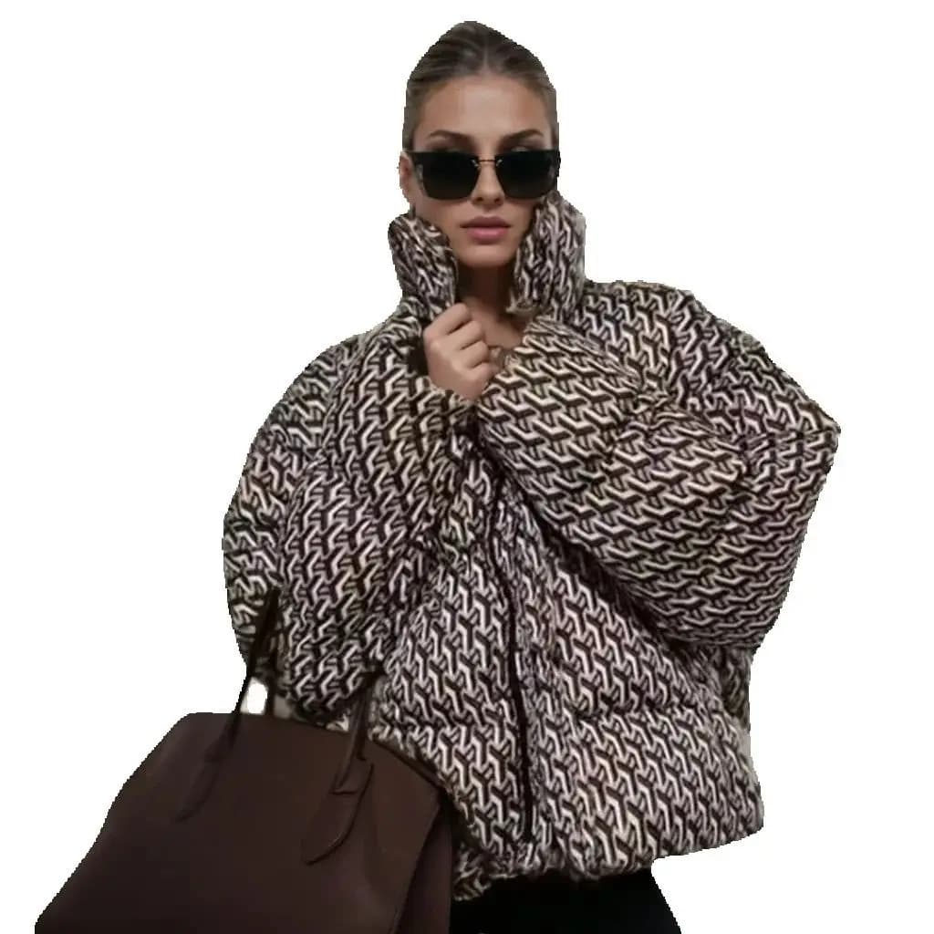 2026 Women's Elegant Oversized Printed Stand Collar Zipper Padded Coats Lady Chic Thicken Warm Long Sleeve Loose Jackets Parkas