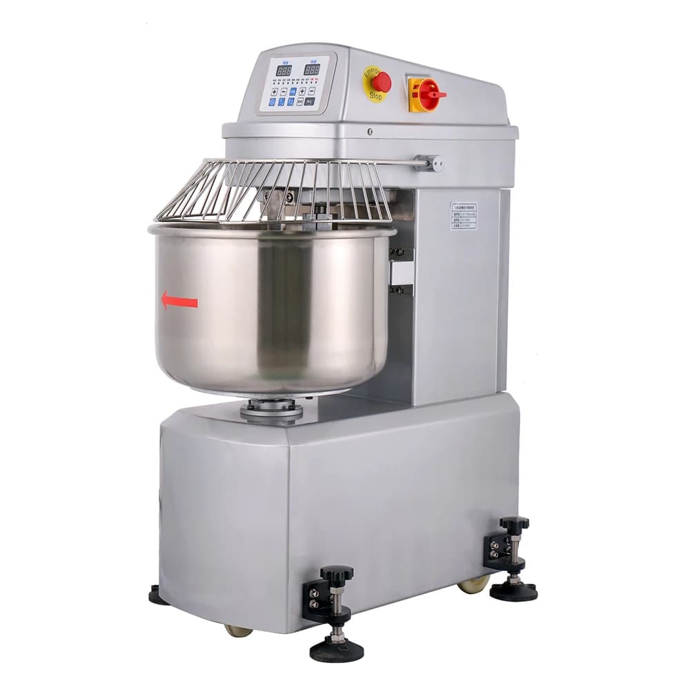 Flour mixer with support for electric stainless steel spiral kneader for commercial planetary machine of 45 liters with kneading hook