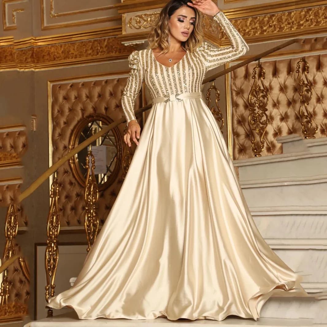 Nuovo Abbigliamento Femminile, Abito Lungo Sexy con Scollo a V Profondo e Strascico per Banchetti e Serate Eleganti