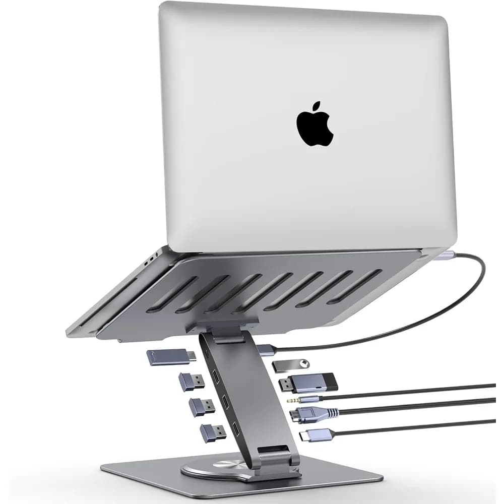Supporto per laptop regolabile con docking station 9 in 1, hub USB, 360 ° Girevole, doppio display HDMI, ricarica PD per laptop da 7-15,6".