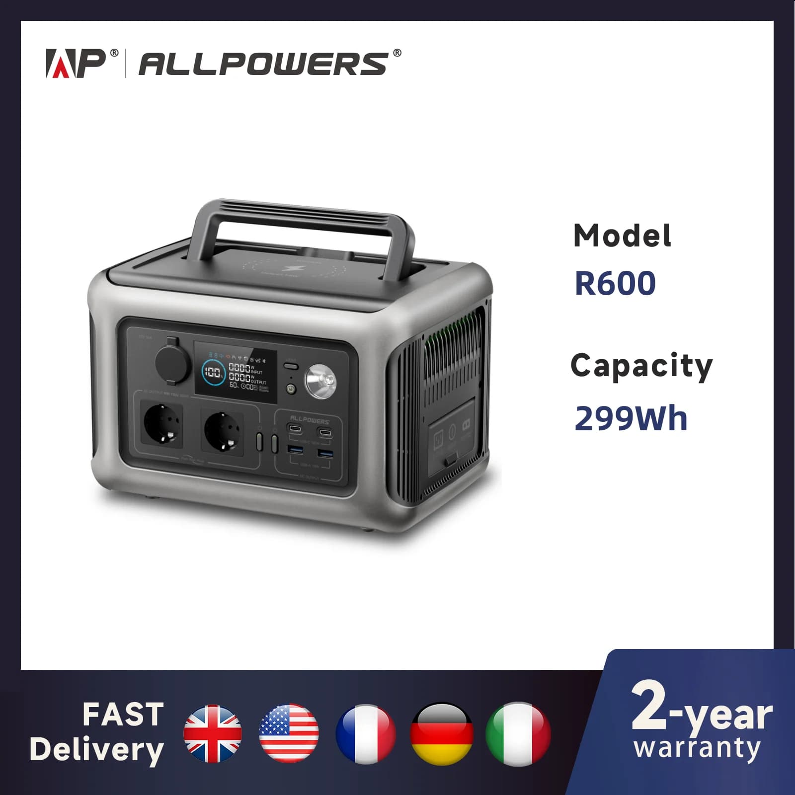 ALLPOWERS Portable Power Station R600, 299Wh LiFeP04 Battery with 2x 600W (1200W Surge) AC Outlets for Outdoor Camping RV Home