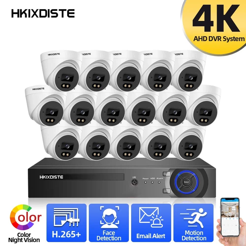 Kit Sistema di Videosorveglianza AHD DVR 16 Canali HD 4K con Telecamere CCTV a Colori Visione Notturna 8MP