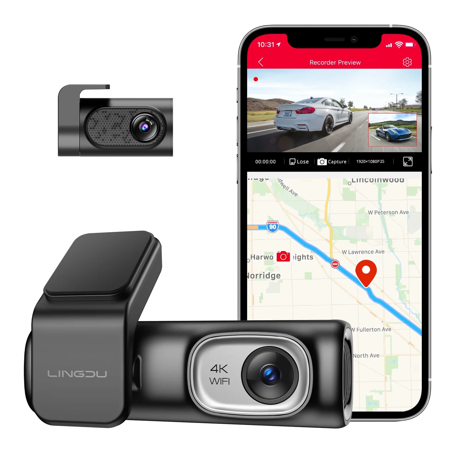 LINGDU D600 Dash Cam 4K+FHD with integrated GPS, 5G Wi-Fi, EN Vocal Control, Front Camera and Rear