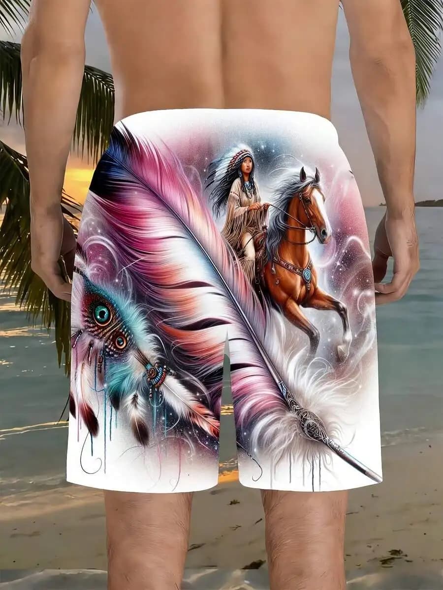 Mens Warrior Horse Feather Spirit Print Swim Shorts Beachwear Summer Outdoor