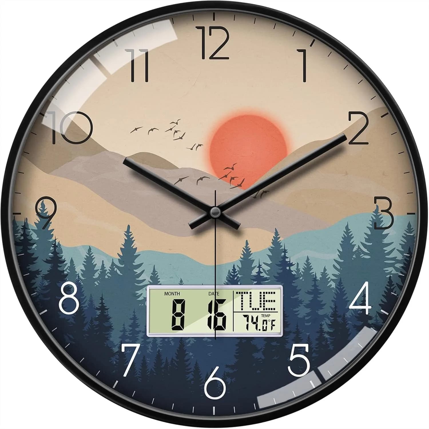 Orologio da Parete Silenzioso da 12 Pollici, Stile Mid-Century Modern con Tramonto Selvaggio, Analogico a Batteria con Display LCD per Data, Giorno e Temperatura, per Soggiorno