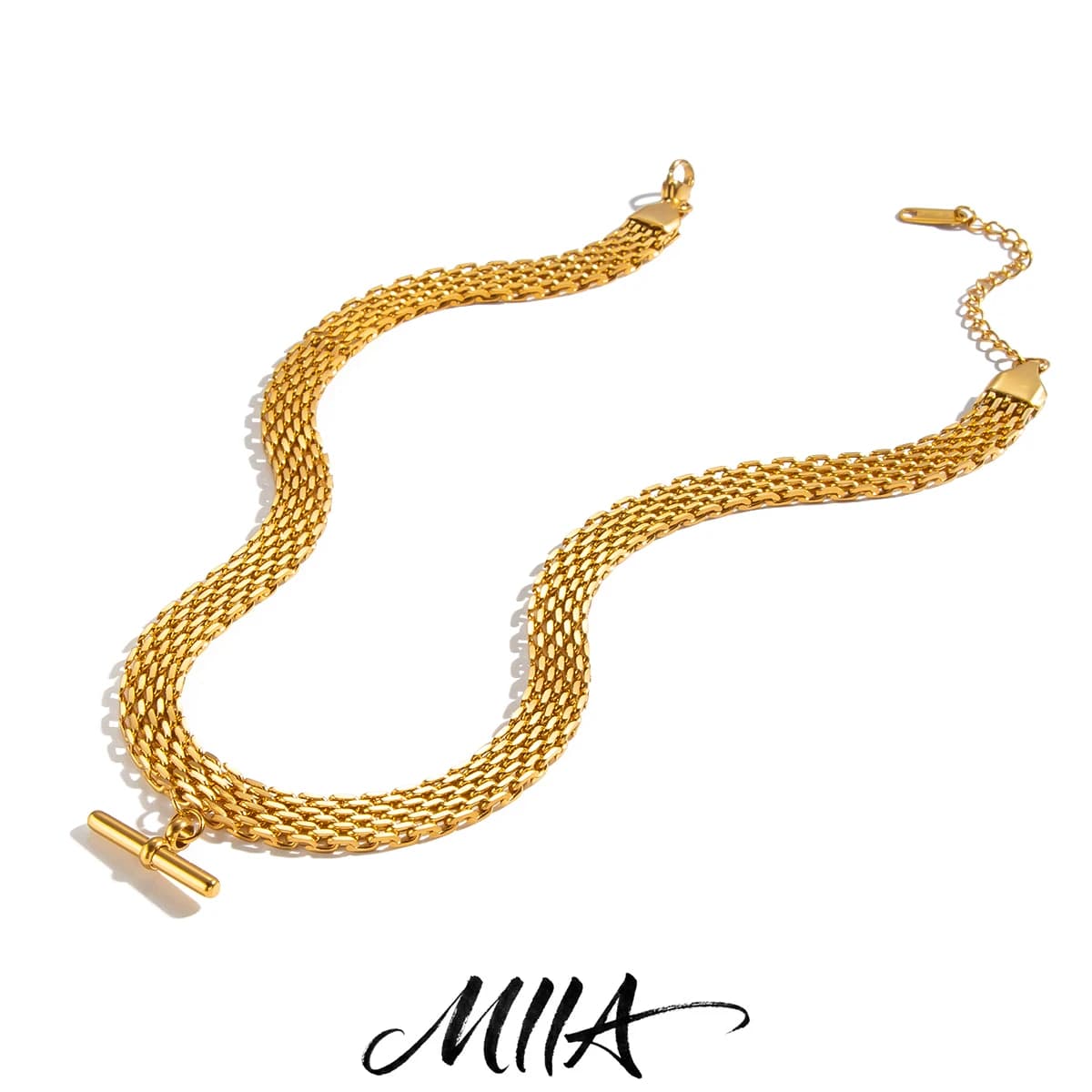 Miia Jewelry 18K PVD Gold Silver Two Tone Multi Layer Figaro Chain Necklace Stainless Steel T Toggle Clasp Choker For Women