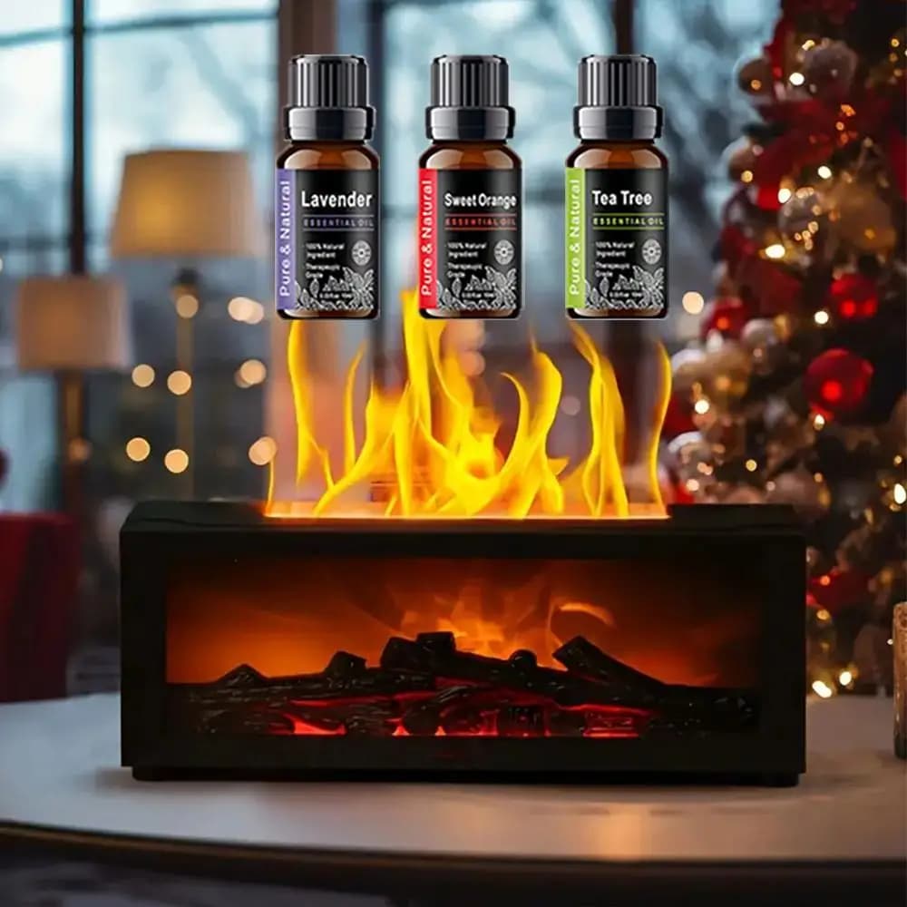 Diffusore per Caminetto Migliorato con Effetto Fiamma LED a 7 Colori, Umidificatore a Nebbia Fredda da 300ml, Telecomando e Timer, Aromaterapia Rilassante per Casa e Ufficio