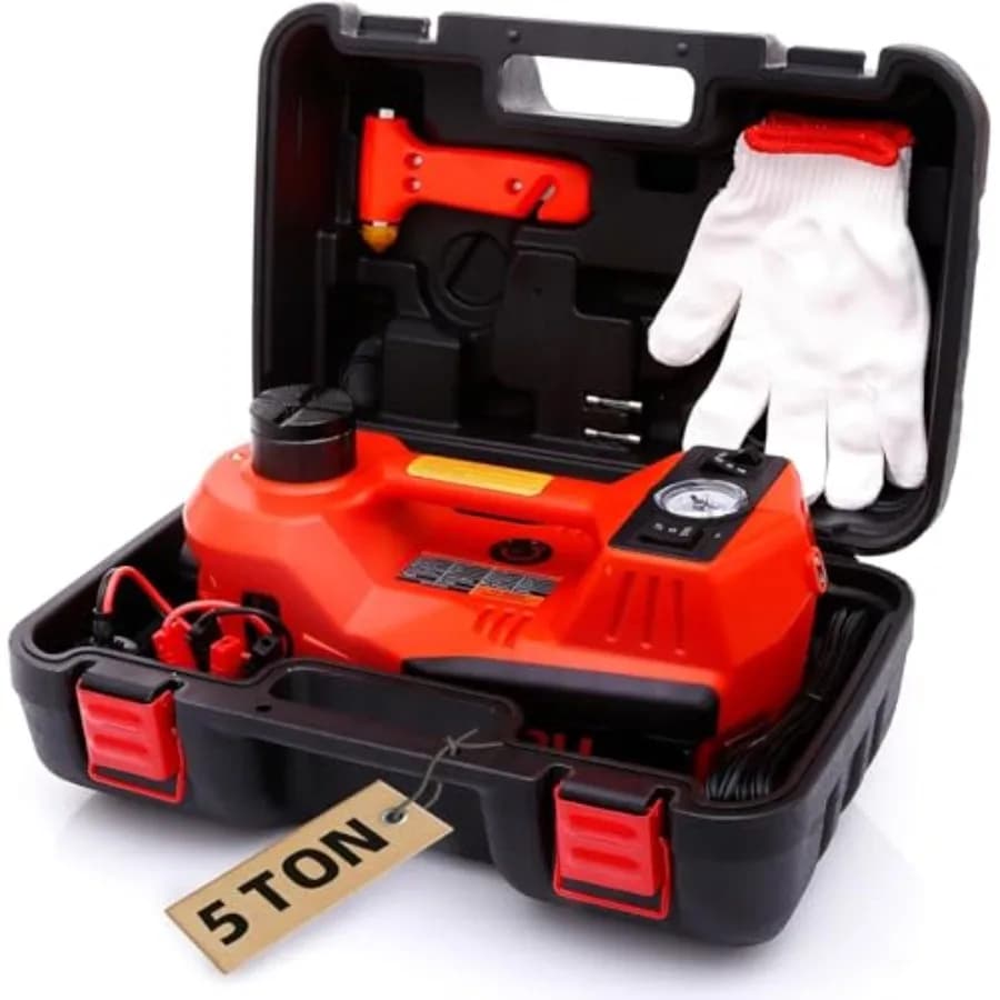 Martinetto Elettrico per Auto con Sollevamento Rapido, Sicuro e Portatile, con Gonfiatore Pneumatici e Luce LED, Set Completo di Accessori, Idraulico 12V