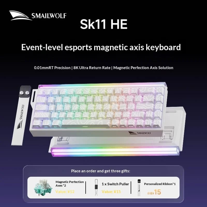 SMAILWOLF SK11 68HE Tastiera Meccanica Wireless Bluetooth con Switch Magnetici, Polling Rate 8K, 700g, per Gaming Professionale E-Sports