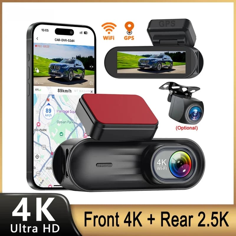 Telecamera da cruscotto WiFi Kocam 4K con visione notturna, videoregistratore DVR, telecamera posteriore 2.5K, GPS e opzione telecamera posteriore 24H