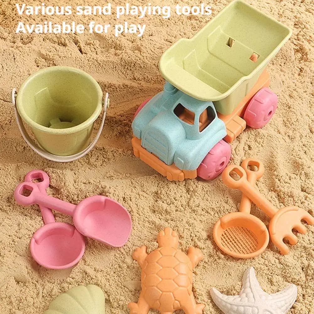 Set di 7 Giocattoli da Spiaggia per Bambini, Attrezzi per Sabbia per Divertimento Estivo all'Aperto, Secchiello, Paletta, Rastrello, Stampo a Stella Marina e Tartaruga Marina, Interattivi