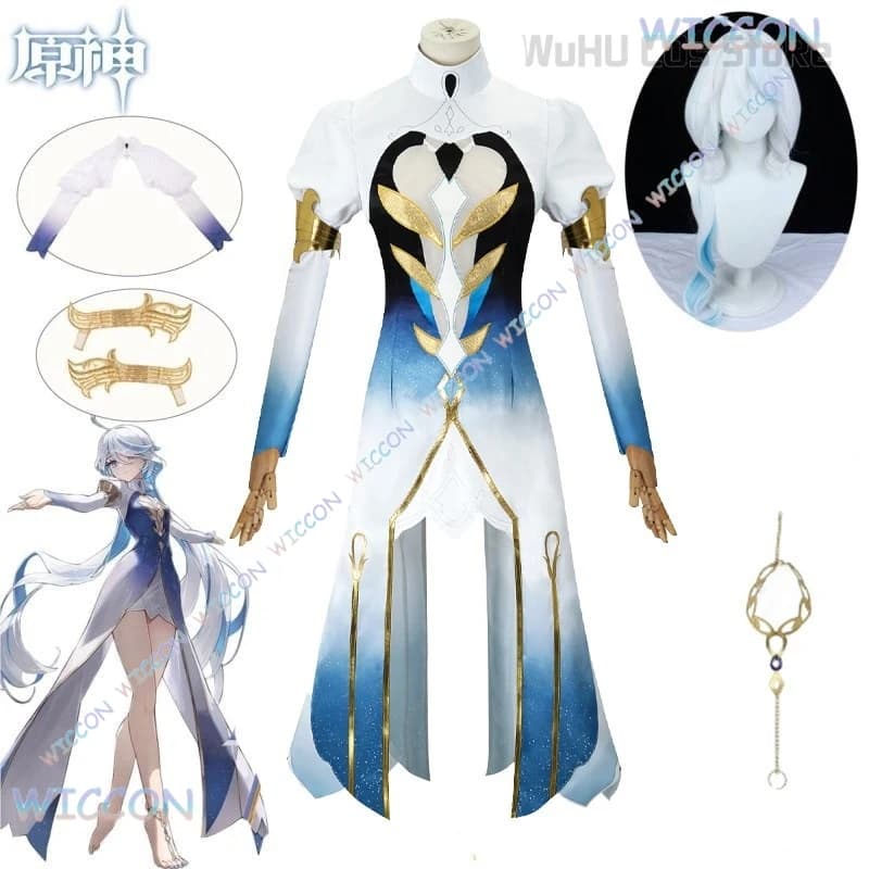 Focalors Costume Cosplay Parrucca Furina Gioco Genshin Impact Fontaine Dio della Giustizia Parrucca Furina Cosplay Set Completo Donna Vestito di Halloween