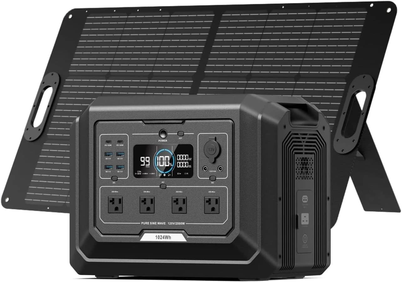 Generatore Solare Mega 1 con Pannelli Inclusi, Stazione di Alimentazione da 2000W + Pannello da 100W, Batteria LiFePO4 da 1024Wh, Espandibile fino a 5120Wh