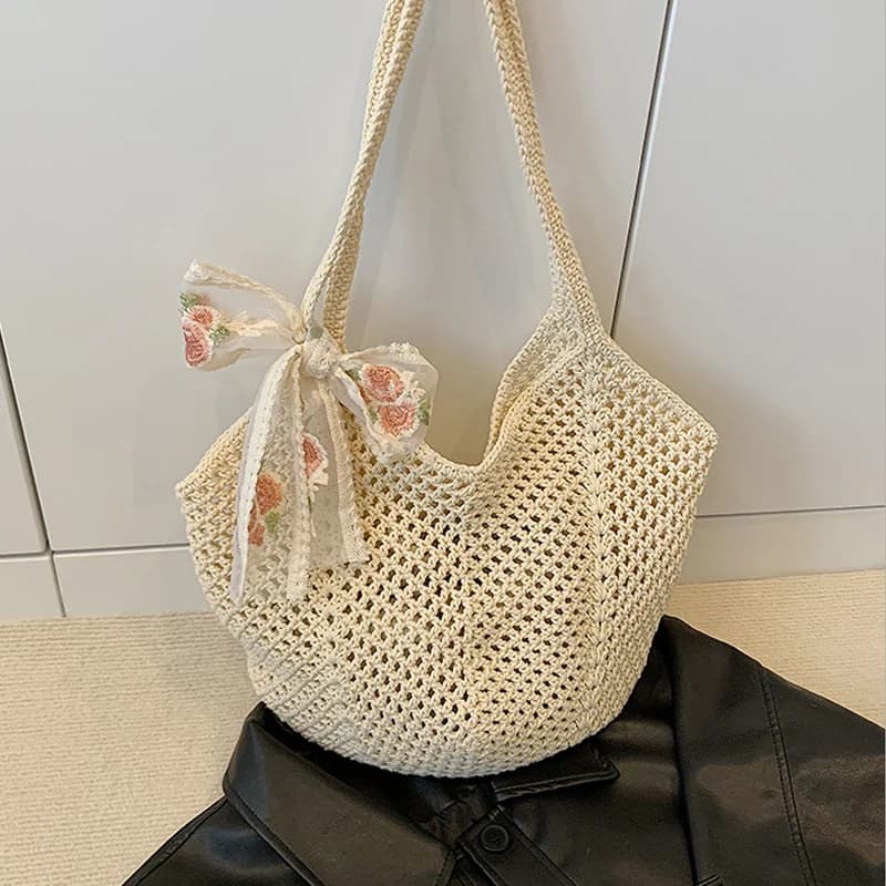 Summer Lace Bow Tote Bags Women Raffia Knitting Woven Shoulder Bag 2025 Rattan Large Casual Crochet Shopping Bag Ladies Handbag