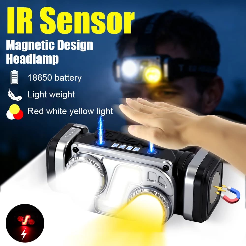 Lampada Frontale con Sensore IR a 3 Luci, Ricaricabile, LED, Batteria 18650, Impermeabile, Magnetica, Lanterna da Campeggio, Luce per Cappello, Regalo