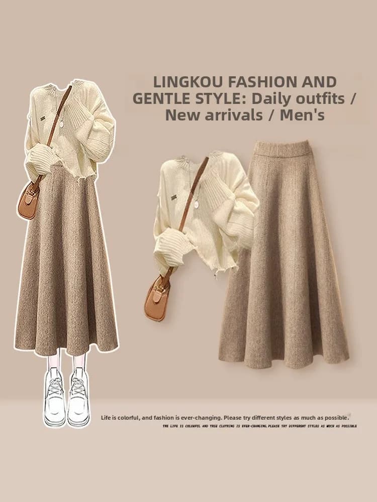 Casual Knitted Sweater And Slimming Skirt Two-Piece Set for Women Autumn Leisure Outfit Color Block Design Fashionable A...