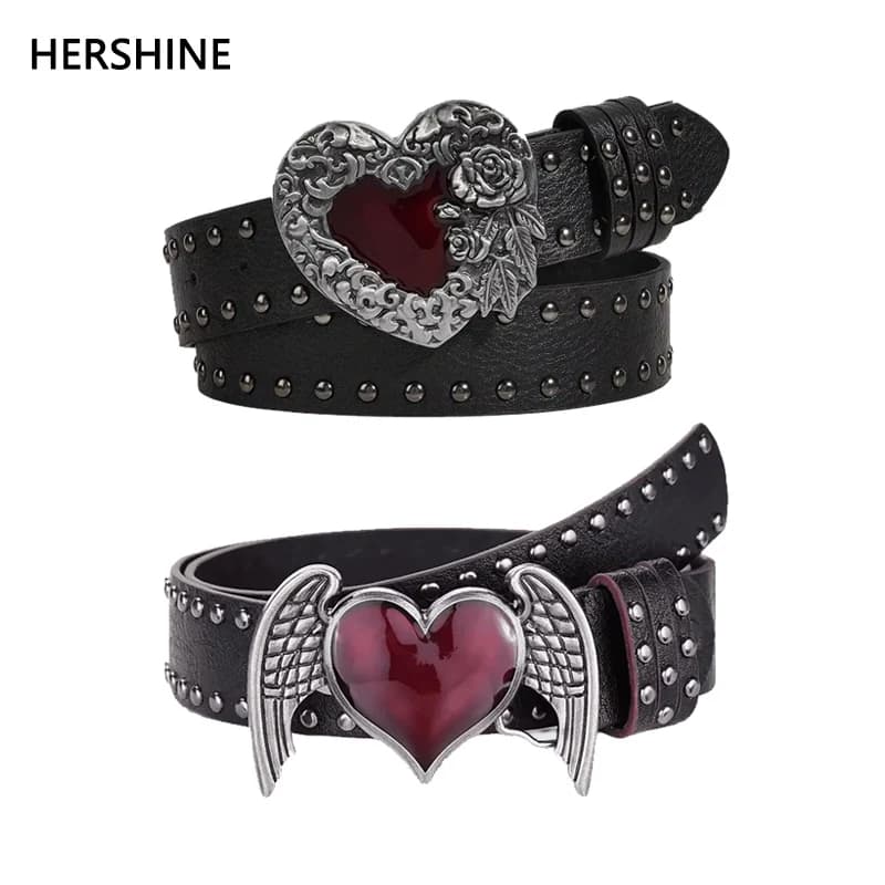 1 cintura in pelle a forma di cuore con gocce di olio essenziale di rosa, decorazione con rivetti, stile hip-hop punk gotico rock Y2K, primavera, estate