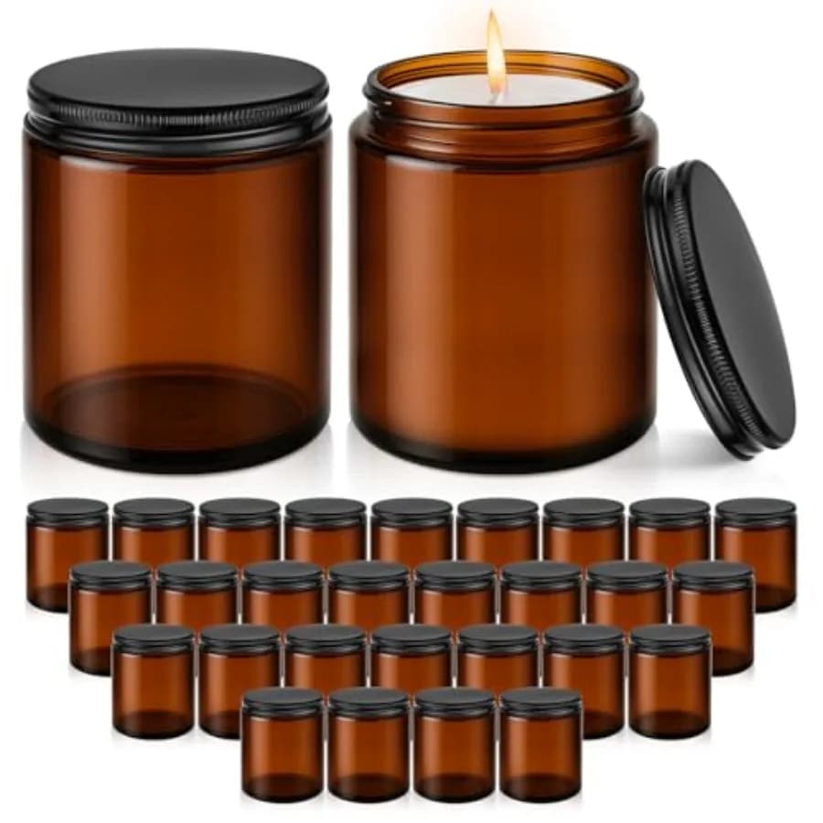 Barattoli in Vetro da 8oz con Coperchi, 30 Pezzi, Contenitori Ambrati per Candele con Etichette Bianche e Rivestimenti Interni, Vuoti e Ermetici, Rotondi