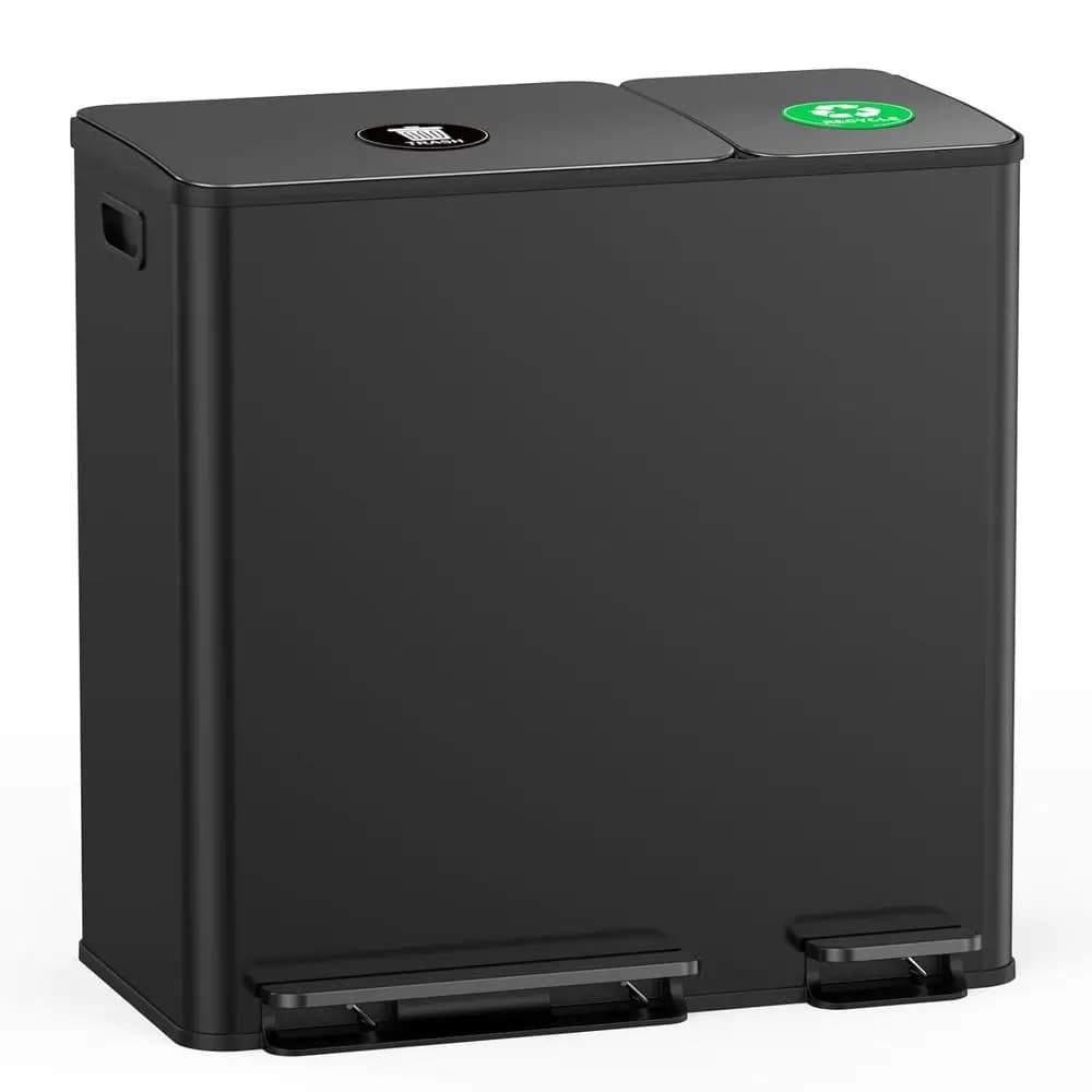Bidone per Rifiuti e Riciclaggio da Cucina in Acciaio Inox, 13+6 Galloni, con Coperchio a Chiusura Morbida ed Etichette Magnetiche, Nero