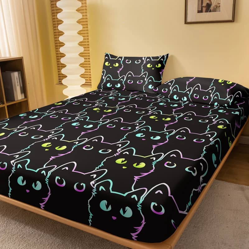 1 Sheet with matt corners with print of small simple and modern cats, bedspread for bedroom, bed linen (excluding pillowcase)