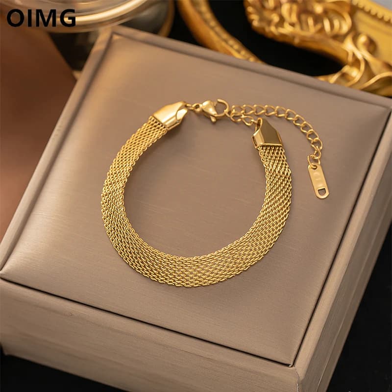 OIMG 316L Stainless Steel Gold Color Woven Mesh Chain Bracelet & Bangle For Women Girl Not Fade Simple Punk Jewelry