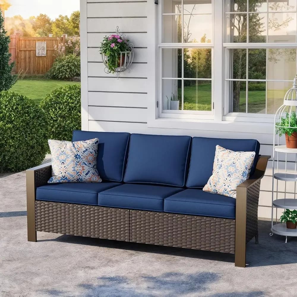Exterior Sofa in Metal and Wicker, 3 Seats with Pillows Depths and Lavable Coatings, Blue Navy Rattan Furniture Resistant to Raincoats