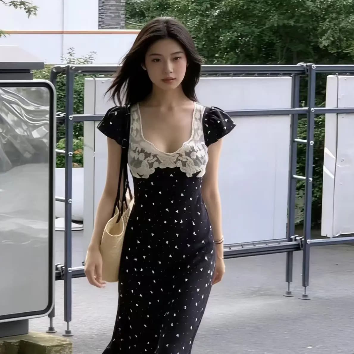 Summer Floral Print Lace Splice Dress Slim Fit Vintage Sleeve Long Dress Tea Break Casual High Waist Polyester Fiber Short Sl...