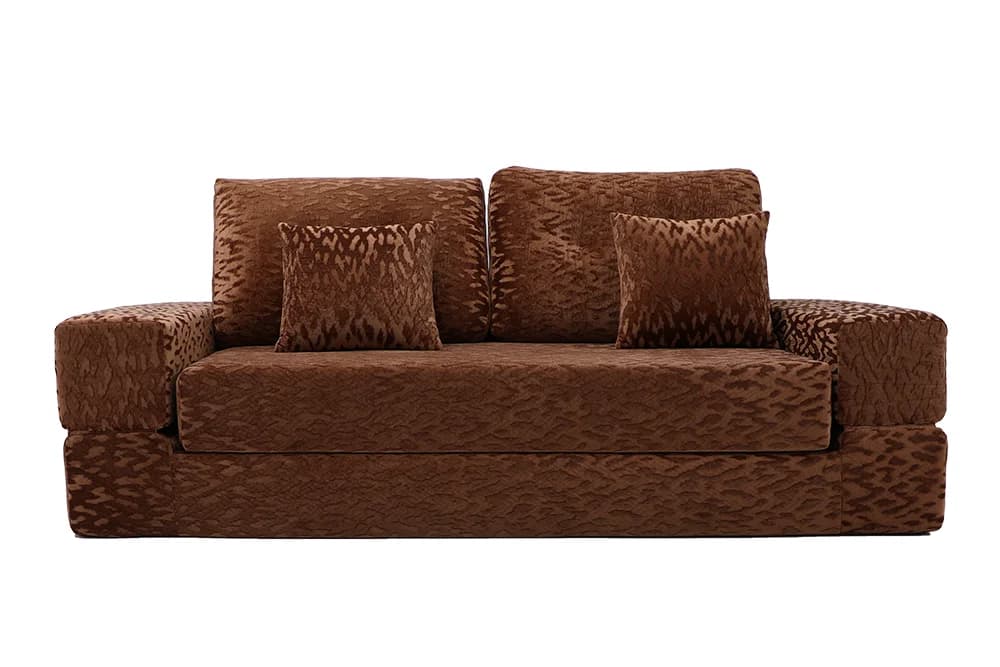 #Compressed Brown Convertible Sofa Bed Set Vacuum Packed Patterned Velvet with Pillows Space-Saving Hotel Living Room