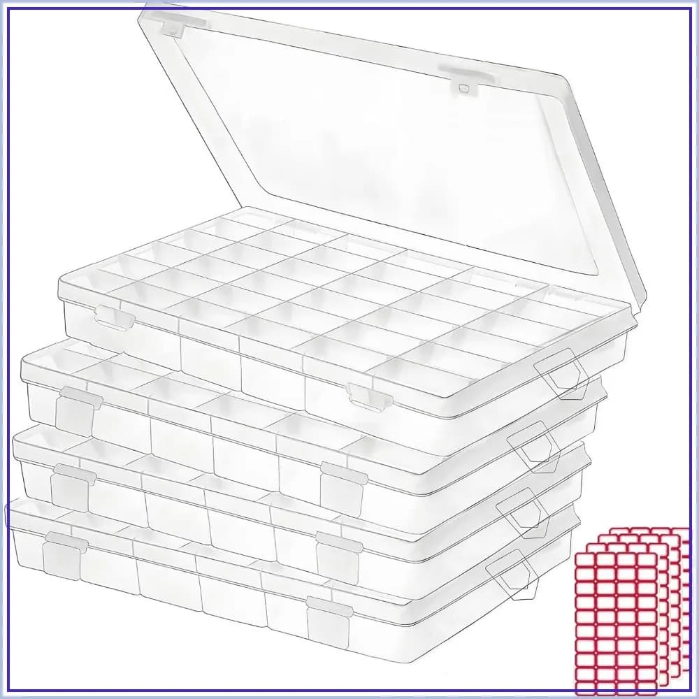 36 Grid Plastic Storage Boxes with Adjustable Dividers, 4 Pack for Jewelry, Crafts, Fishing Tackles, Label Stickers Included