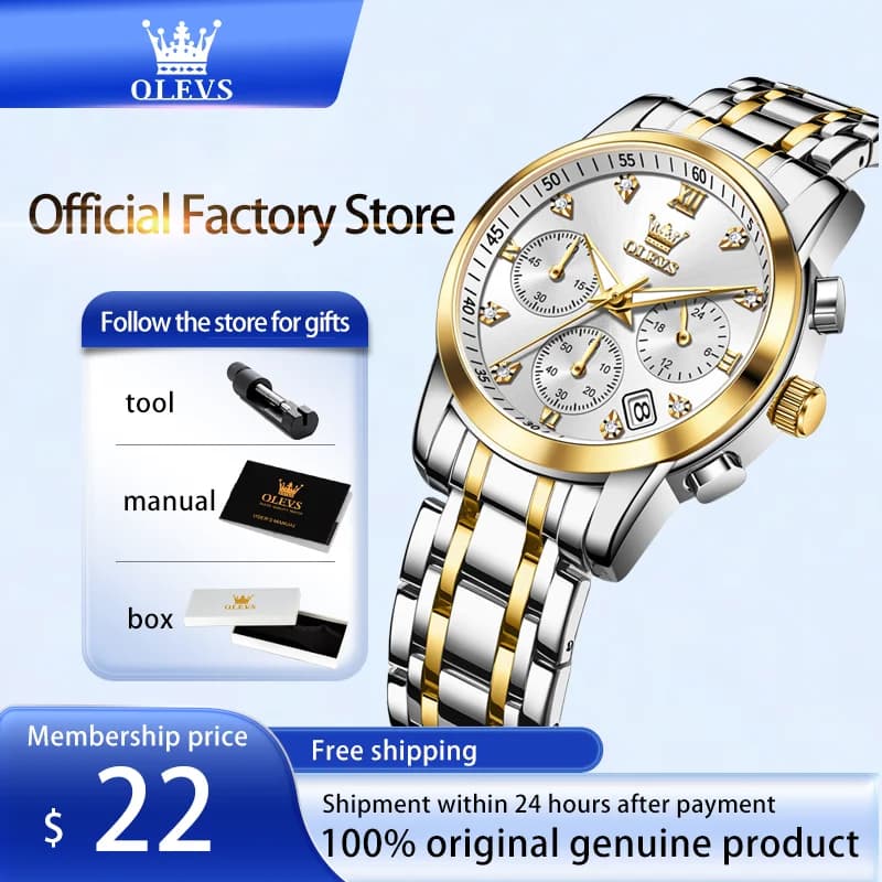 OLEVS Classic Three Eyes Women's Watches Luminous Quartz Waterproof Chronograph For Women's Dress With Date, Authentic watch
