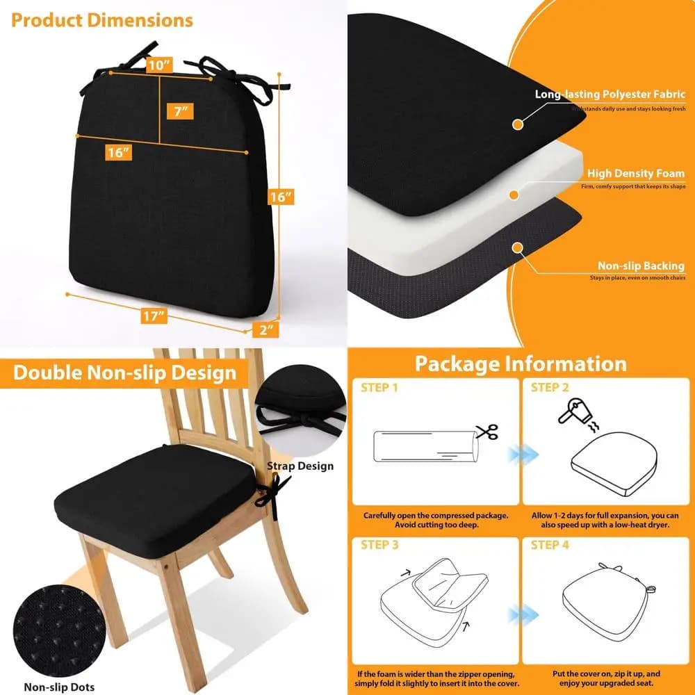 2 thick seat cushions for dining chairs, washable D-shaped bearings with laces, anti-slip, 17 x 16, 6 set, black