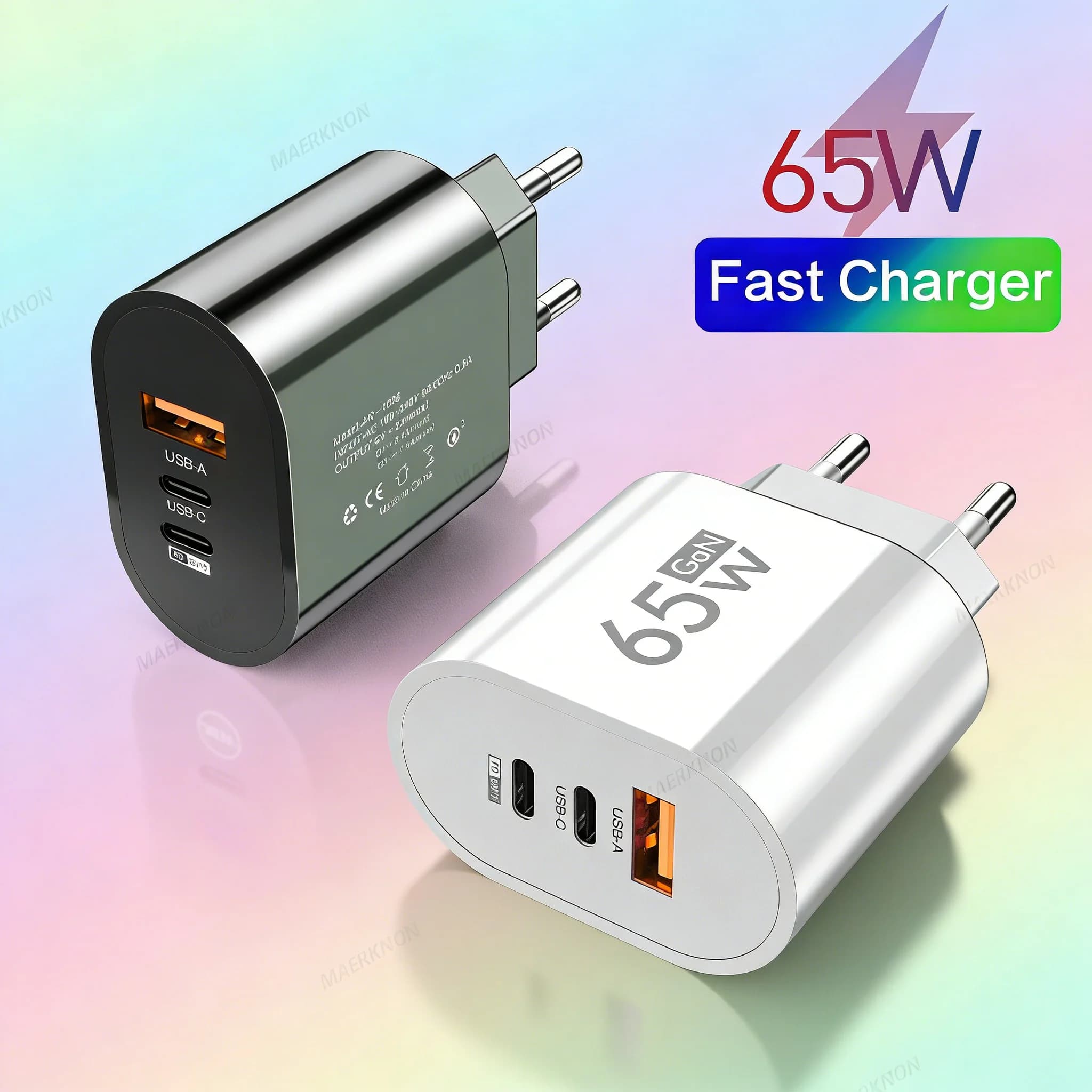 65W USB C GaN Charger 3 Port Fast Charging Phone Power Adapter For iPhone Samsung Xiaomi PD Quick Charge EU/US Plug Wall Charger