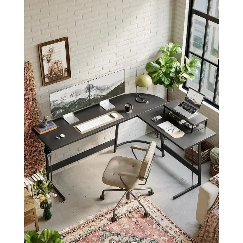 L-shaped gaming desk with monitor and socket support, black | 47 inch computer angle desk for players | Home office configuration