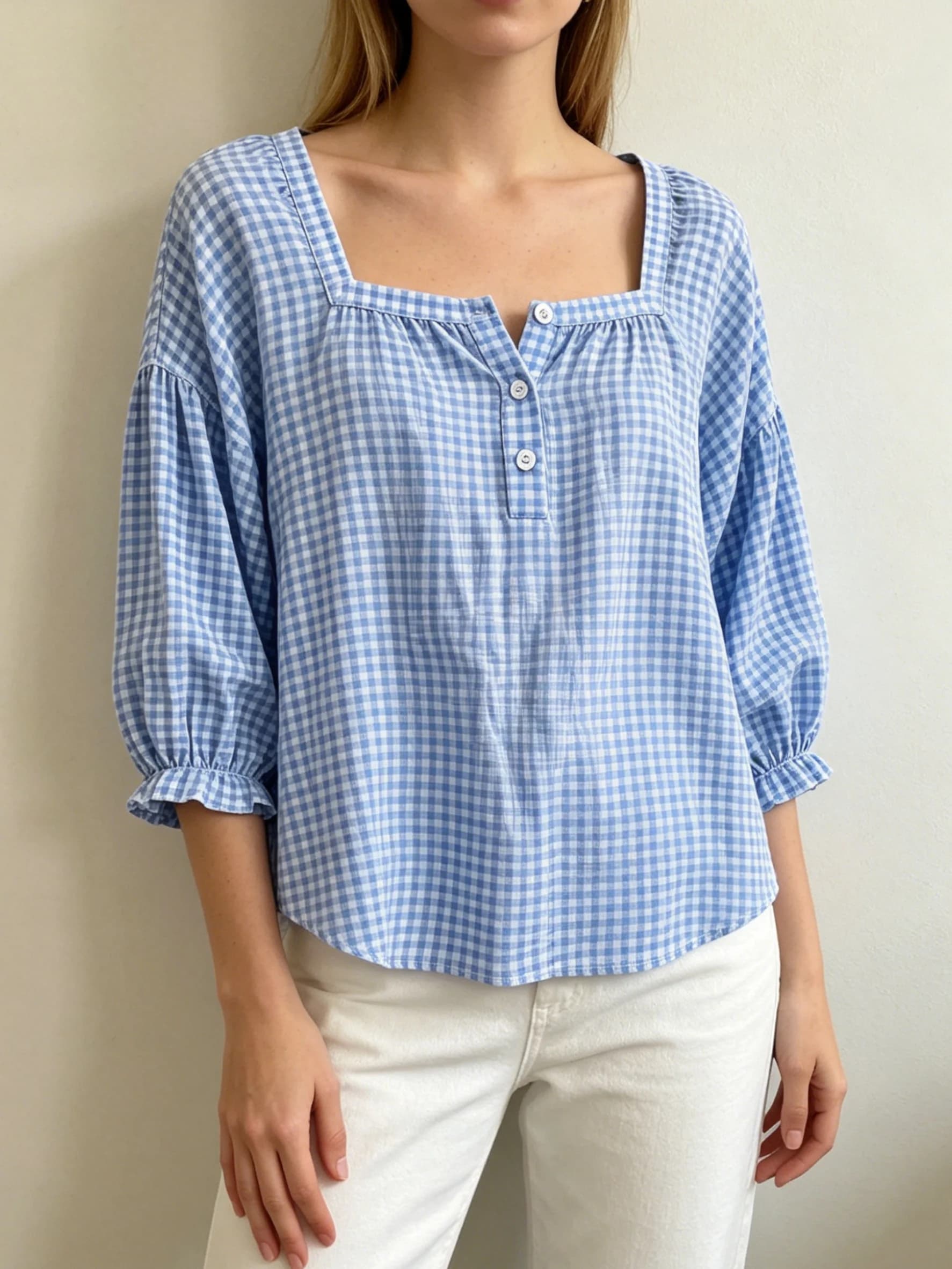 Casual Daily Square Collar Tops Half Button Lantern Elastic Cuff Ladies Blouse grid pattern Shirts