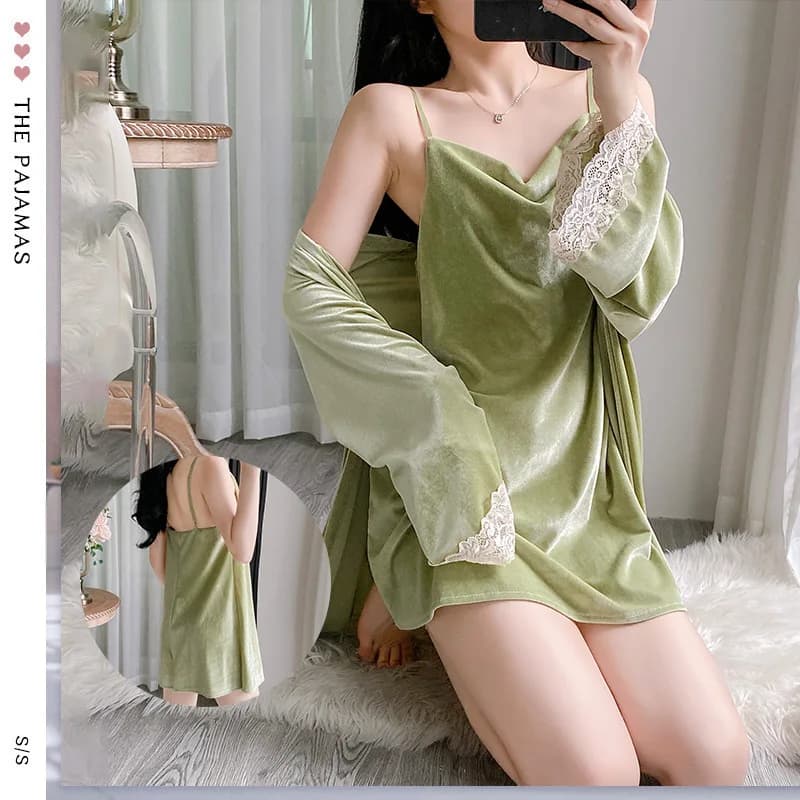Autunno Nuovo Velluto Vestaglia Set Sexy Lace Trim Lingerie Donna Indumenti Da Notte Breve Kimono Accappatoio Abito Pigiama Mujer Velluto Da Notte