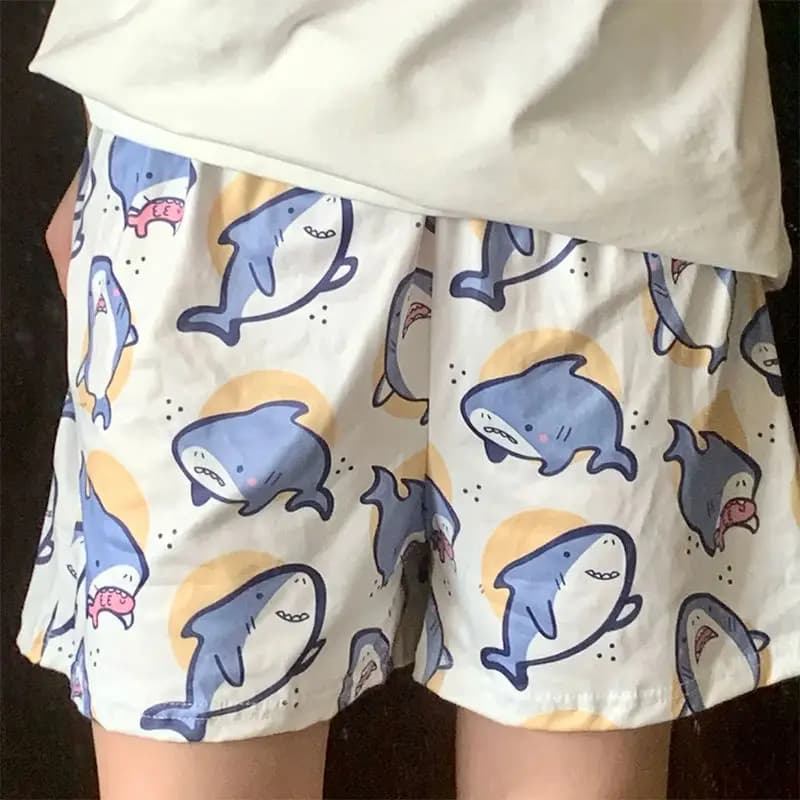 Women's Cartoon Shark Print Pajama Shorts Loose Lightweight Breathable Elastic Waist