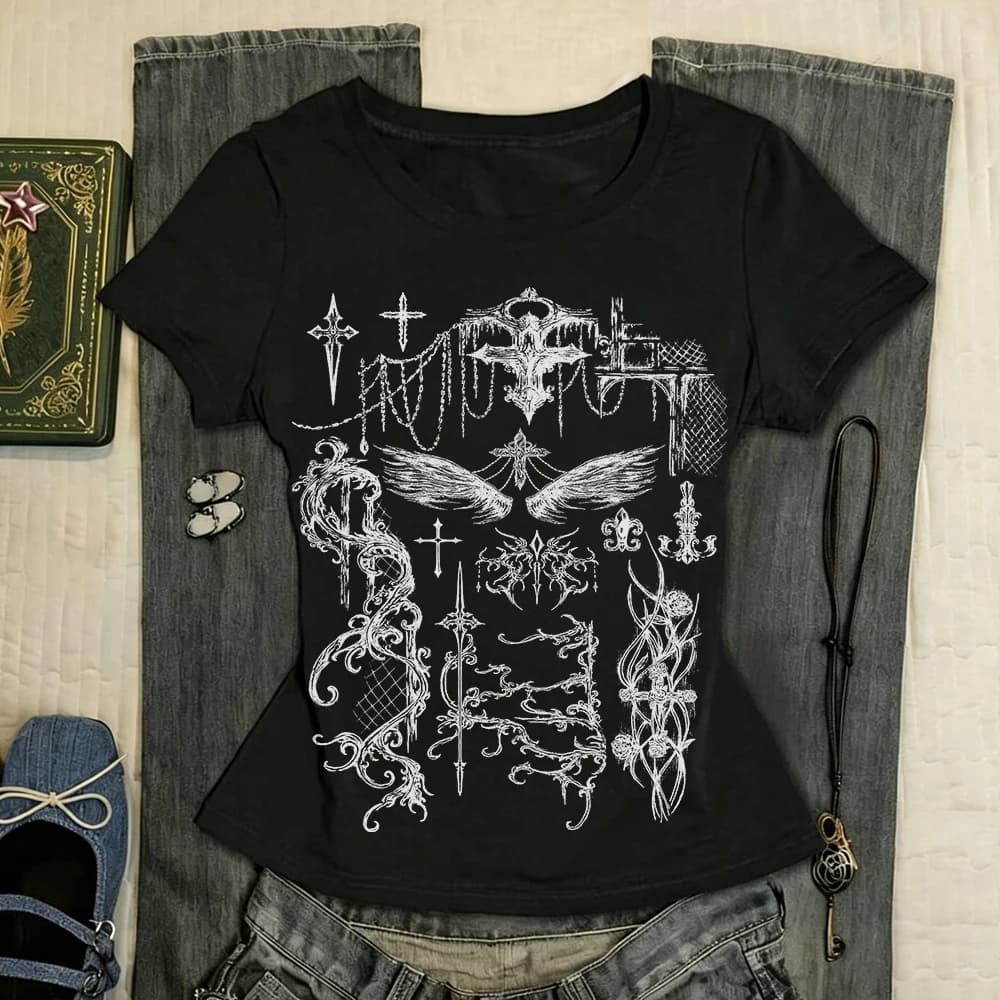 Crop Top Women's 2026 Spring Women's Short sleeved Baby T-shirt Y2k Top Grunge Clothes Women's T-shirt Y2k Kitty Kawaii Goth