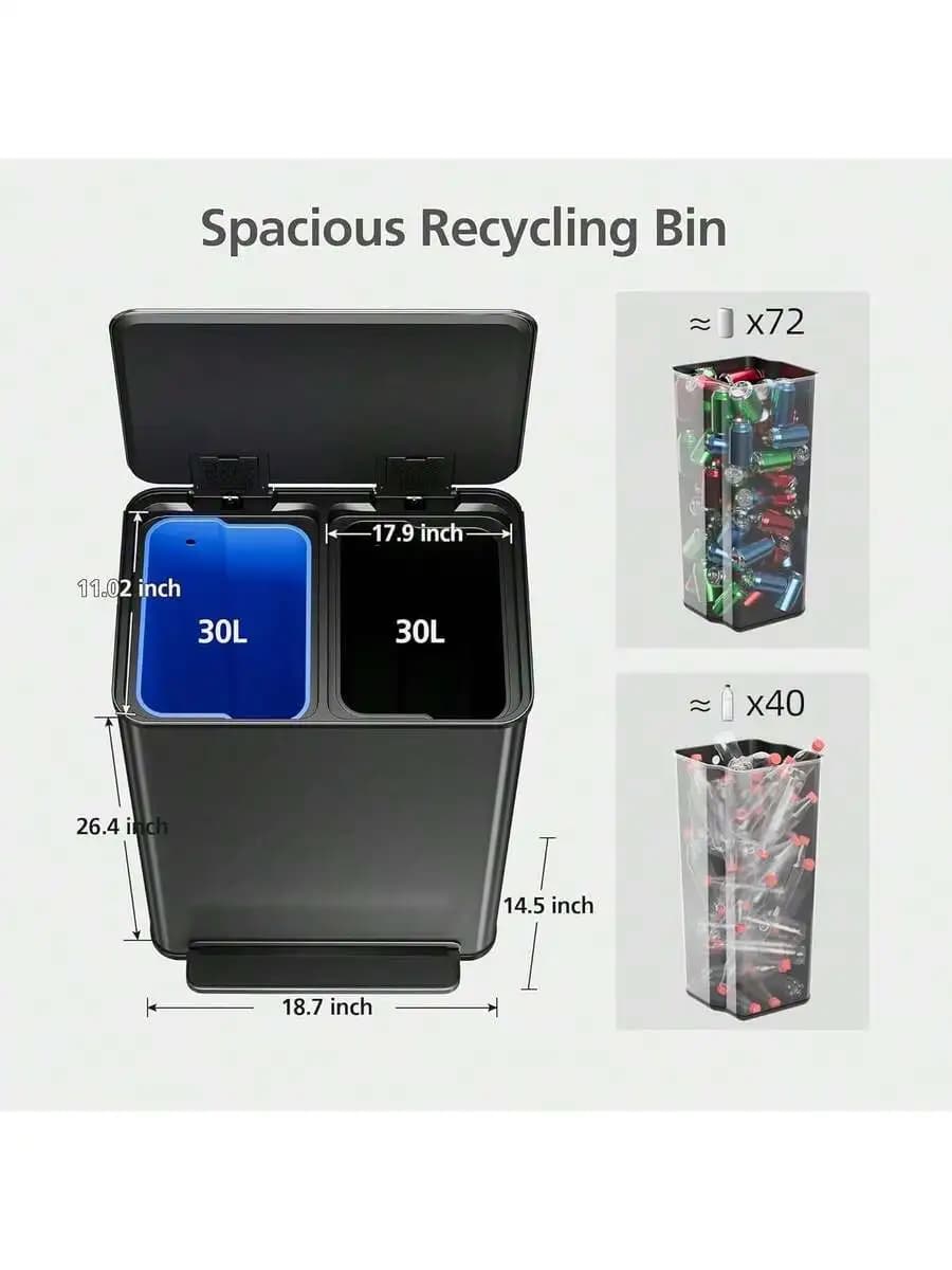 60L Dual Compartment Recycling Bin With Removable Baskets For Kitchen Office
