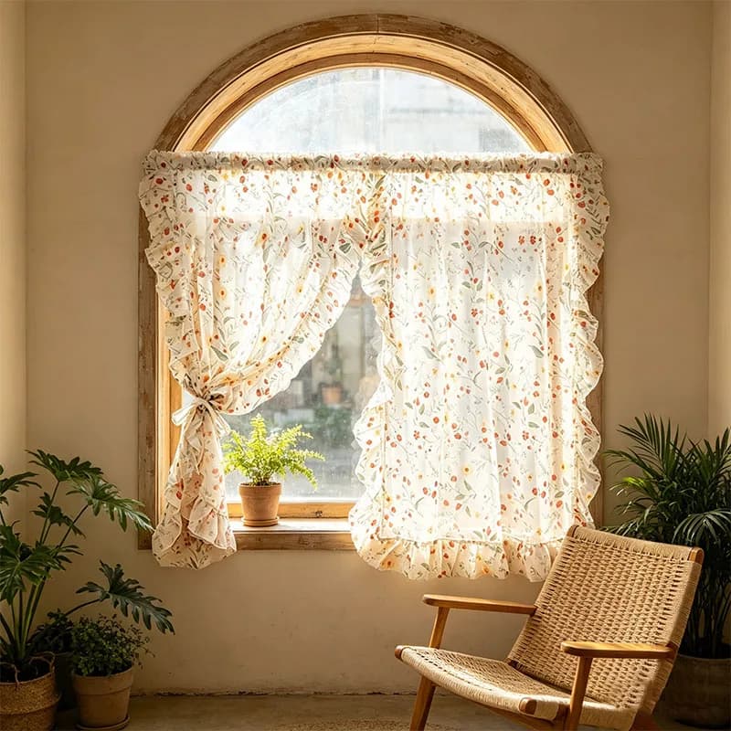 1pc Vintage Hand Drawn Floral Print Terylene Sheer Curtain, Wavy Ruffle Edge Long Rod Pocket Window Drape for Cottage & Balcony
