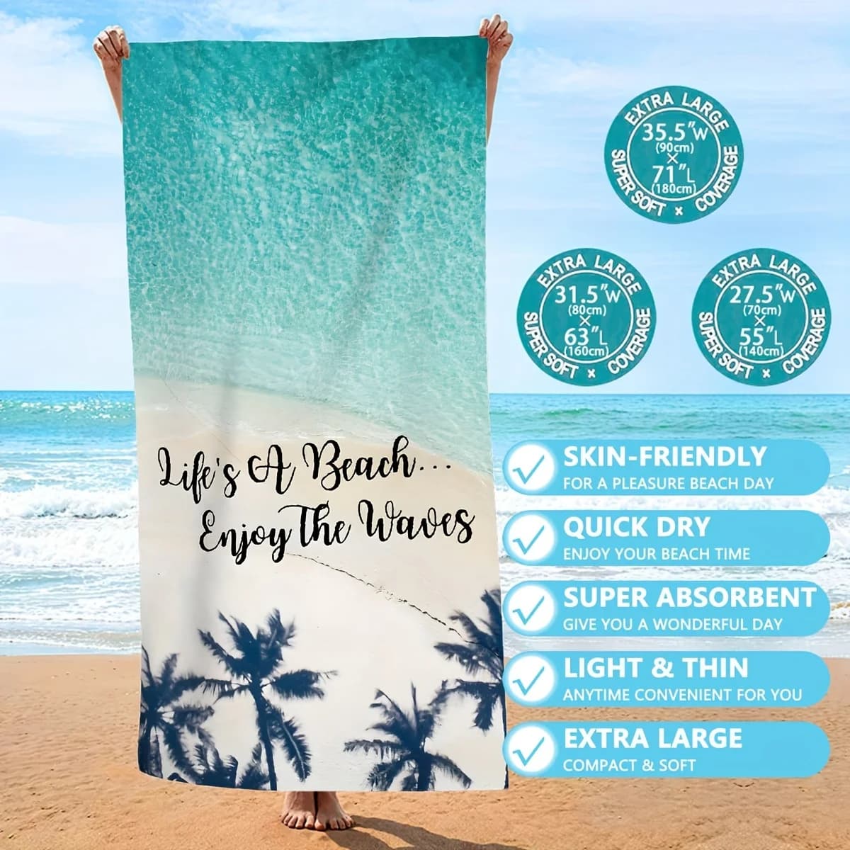 Telo Mare "Life's A Beach" - Stampa Vista Oceano e Palme, Morbido Microfibra Asciugatura Rapida Anti-Sabbia per Viaggi Piscina Estate