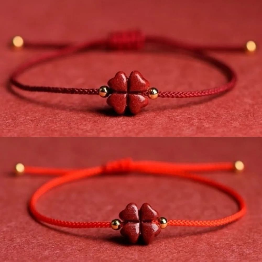 Bracciale Portafortuna in Cinabro Viola Naturale con Quadrifoglio, Fatto a Mano con Corda Rossa, Regolabile, per Uomo e Donna, Dropshipping
