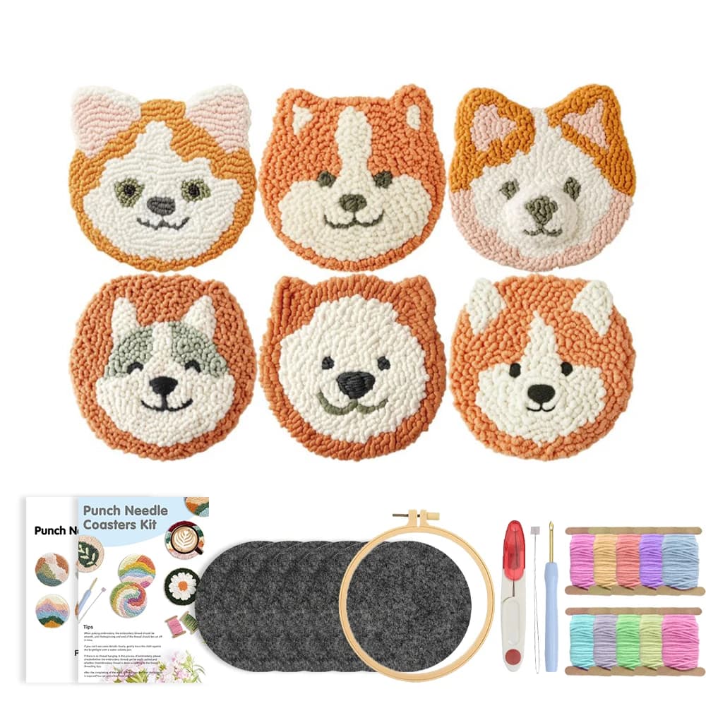 RUOPOTY 6pcs Punch Needle Coaster Embroidery Create Cute Puppy Wall Art Art Projects For Adults Animal Starter Artwork Gift